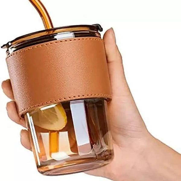 Premium Plastic Tumbler with Straw & Leather Sleeve | Reusable Drinking Cup (450ml)