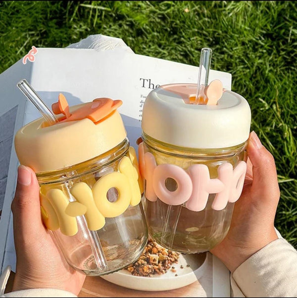HOHO Glass Tumbler with Straw & Lid – 450ml