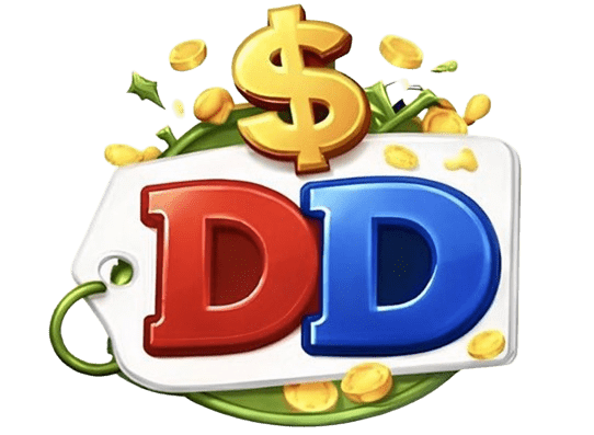 Logo with 'DD' in red and blue, a dollar sign, and gold coins on a green background